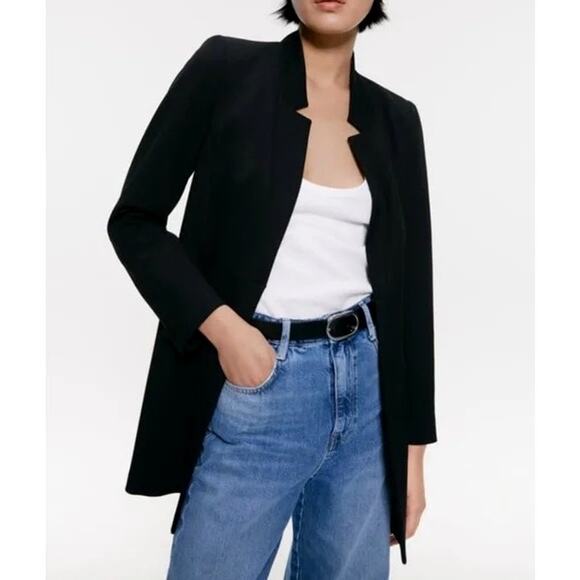 Zara Black Inverted Lapel Long Blazer Size XXL - Picture 2 of 14